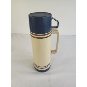 Vintage Aladdin Thermos Cream with Navy Blue Red Green Stripes and Cup Lid